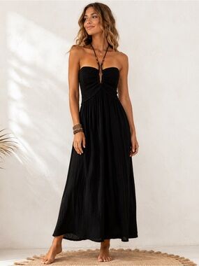 Miou Muse Black Smocked Halter Maxi Dress Boho Beach Cover-Up Medium